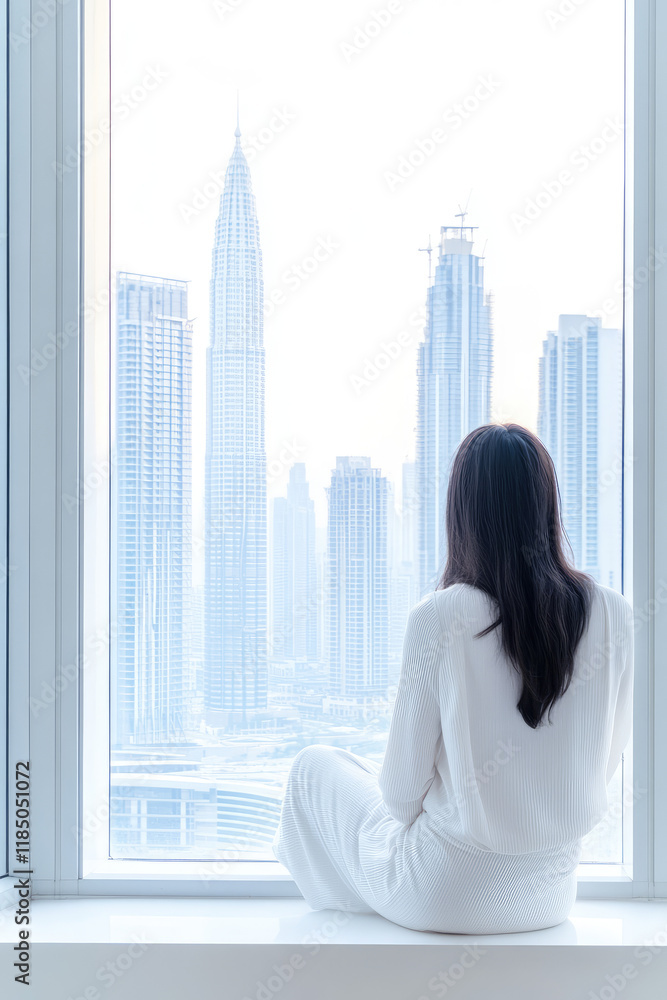 Fototapeta premium A woman in home clothes sits on a windowsill in an apartment and looks out the window at a modern city with skyscrapers