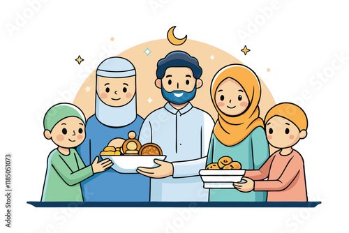 Cheerful family gathering illustration featuring children and adults exchanging food, representing generosity and Ramadan Islamic festivities