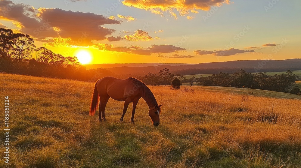 In a serene landscape, a graceful horse peacefully grazes on lush grass, bathed in the warm glow of the setting sun, with rolling hills in the background In a serene landscape, a graceful horse peacefully grazes on lush grass, bathed in the warm glow of the setting sun, with rolling hills in the background