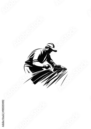 Skilled Worker Grinding Metal with Powerful Spark Trail in Industrial Black-and-White Vector Design