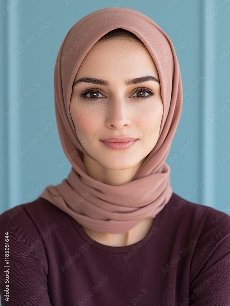 Portrait of a woman in a headscarf against a blue wall Portrait of a woman in a headscarf against a blue wall