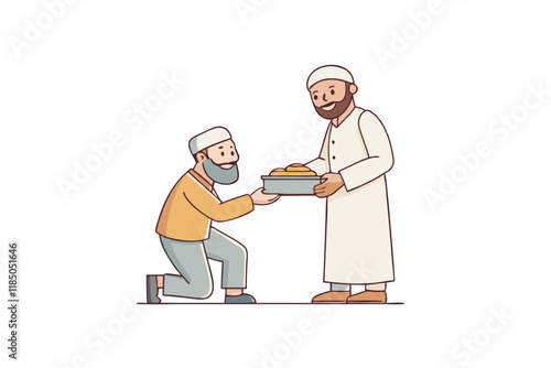 Act of giving food to the less fortunate depicted in a colorful vector style, reflecting generosity and Islamic cultural values