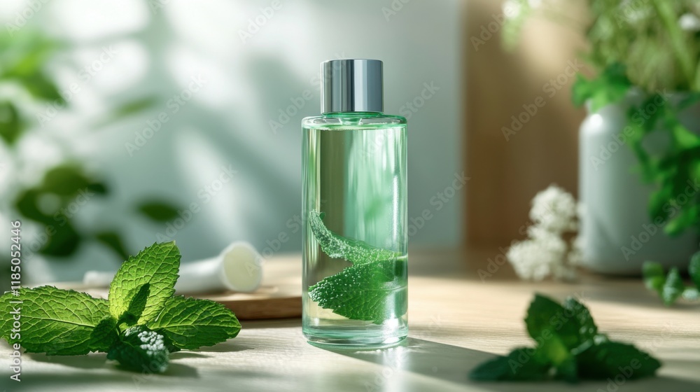 Natural mint-infused skincare bottle in soft natural light Natural mint-infused skincare bottle in soft natural light
