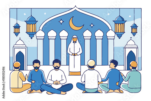 Beautiful mosque scene with worshippers in prayer, crescent moon, and lanterns, highlighting spirituality and Ramadan Islamic celebrations
