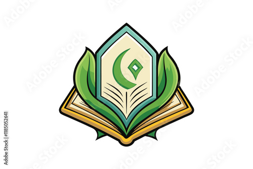 Creative vector of the Quran open with decorative leaves and crescent, designed for Ramadan Islamic celebrations and holy themes