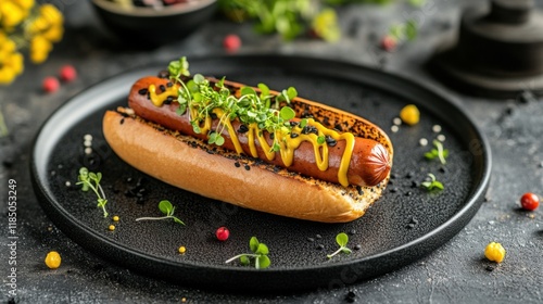 Gourmet hot dog with mustard and microgreens on black plate, close-up photo