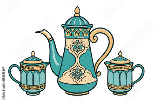 Ornate Islamic style teapot and cups symbolizing Ramadan Islamic traditions and hospitality in Middle Eastern culture