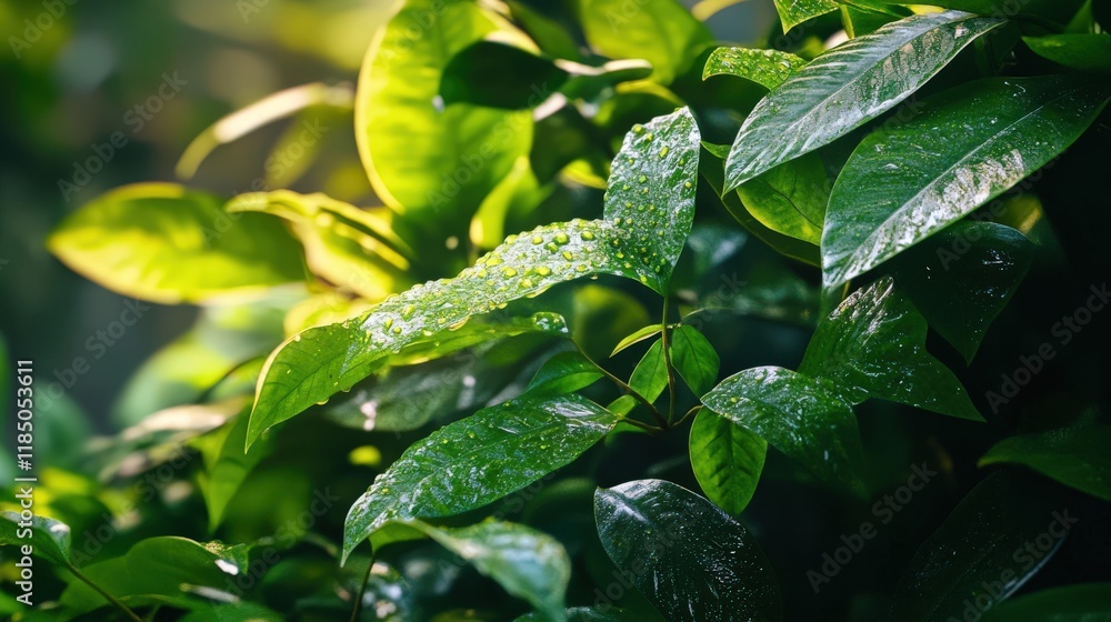 Lush Green Leaves with Raindrops in Morning Light Lush Green Leaves with Raindrops in Morning Light