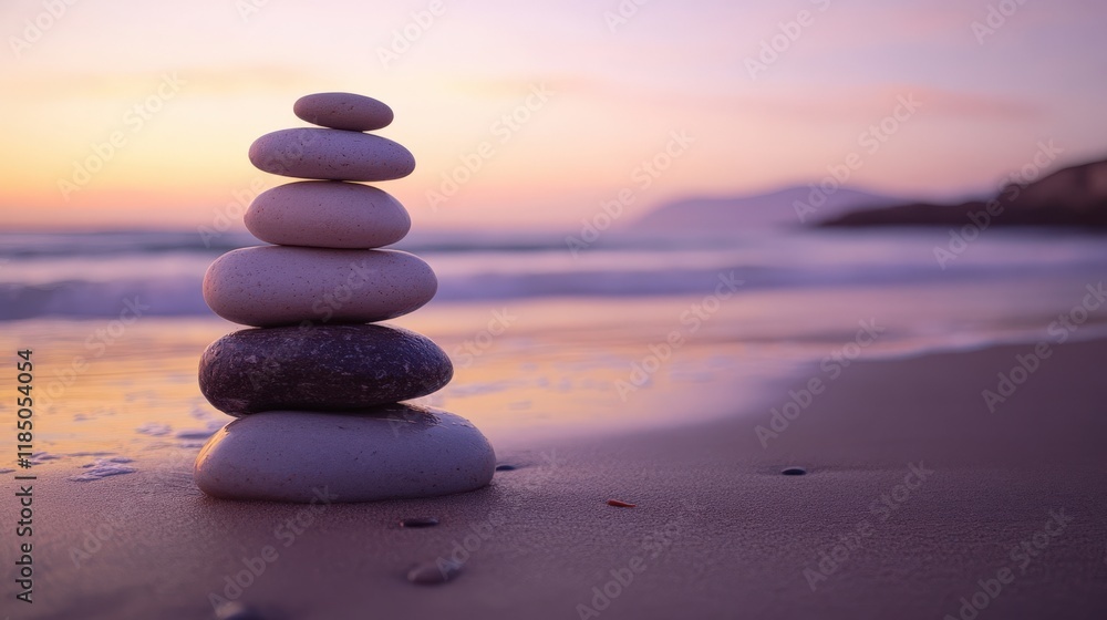 A Peaceful Stack of Stones on the Beach at Sunset A Peaceful Stack of Stones on the Beach at Sunset