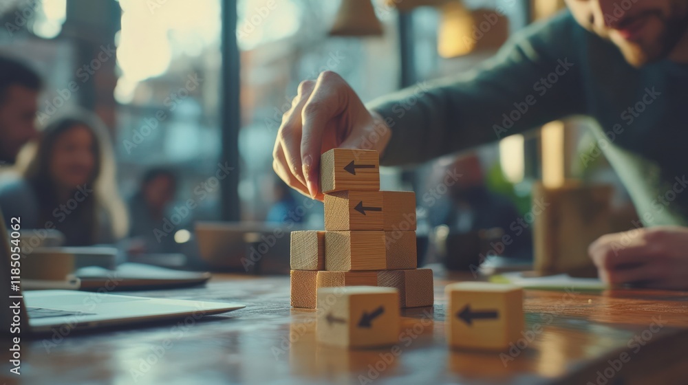 Building Blocks of Creativity: A Person Stacking Wooden Blocks in a Cozy Cafe Atmosphere Building Blocks of Creativity: A Person Stacking Wooden Blocks in a Cozy Cafe Atmosphere