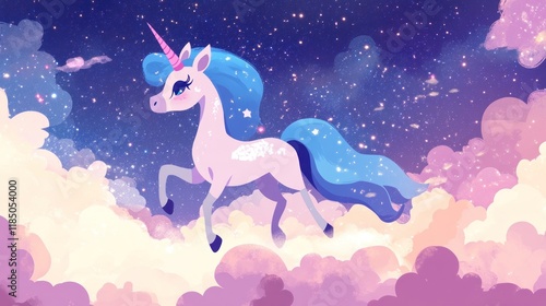 Wallpaper Mural Cute unicorn flying through a starry night sky filled with clouds. Torontodigital.ca