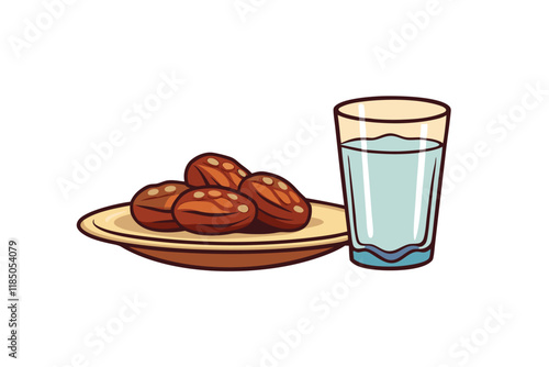 Plate of juicy dates and glass of water, a healthy and traditional iftar snack for Ramadan Islamic fasting, illustrated in vector style