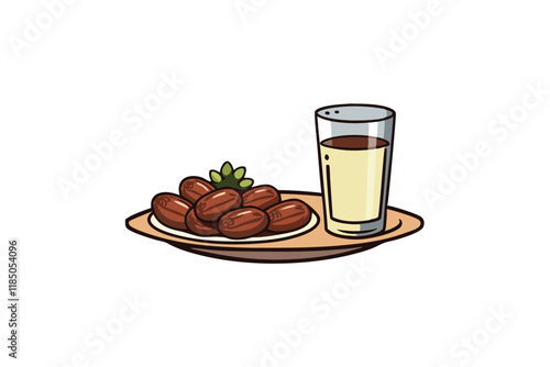Clean vector graphic of a plate with dates and a glass of water, emphasizing Ramadan Islamic fasting and healthy iftar practices