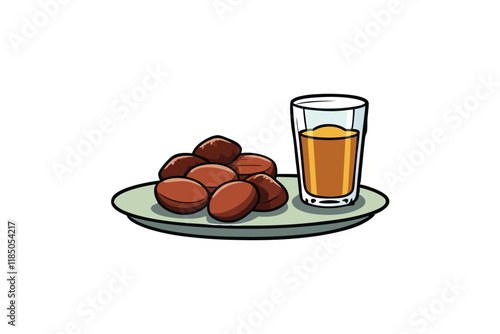 Ramadan Islamic illustration of dates on a plate with water, representing iftar traditions in a modern flat vector graphic style