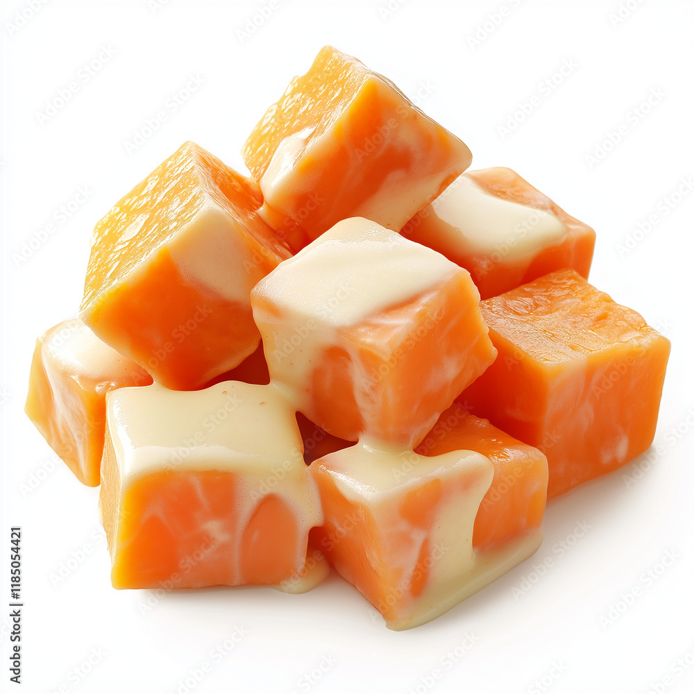Fresh papaya cubes covered in smooth cream sauce, making a delicious and naturally sweet tropical snack or dessert Fresh papaya cubes covered in smooth cream sauce, making a delicious and naturally sweet tropical snack or dessert