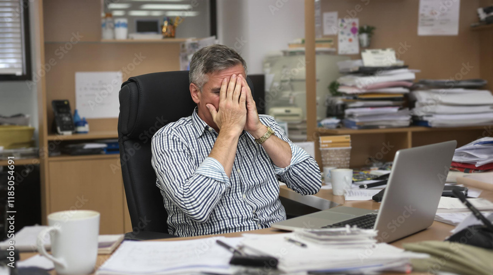 Obraz premium An Overwhelmed Office Worker Stressed Out by Excessive Paperwork and Intense Deadline Pressure