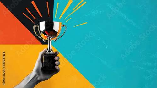 Wallpaper Mural  Contemporary artistic collage featuring a hand holding a trophy, symbolizing achievement, success, and victory in a modern, dynamic, and visually engaging style. Torontodigital.ca