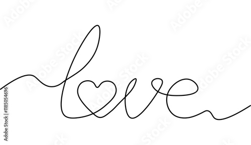Continuous one line drawing of word love with heart. One line inscription word love isolated on white background. Black and white graphic vector minimalist illustration of love concept.
