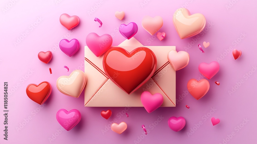 A vibrant display of love with a central red heart atop an envelope surrounded by floating pink and red heart shapes. A vibrant display of love with a central red heart atop an envelope surrounded by floating pink and red heart shapes.