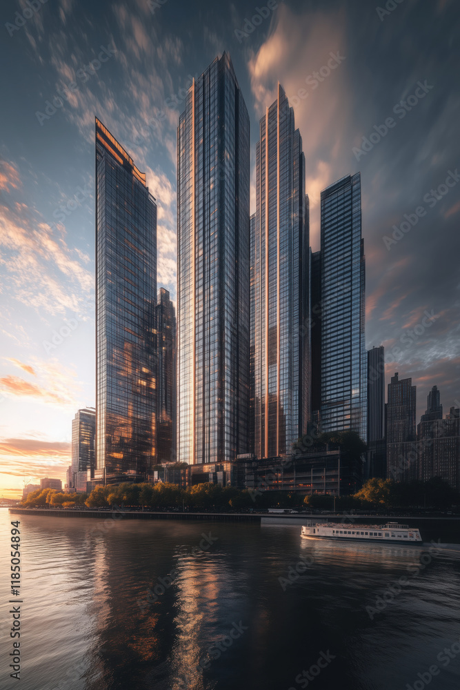 Obraz premium New York City Dawn Skyline with Soft Golden Sunlight Reflecting on Glass Skyscrapers, Serene East River, and a Small Ferry Crossing, Cinematic and Realistic Photograph with Moody Atmosphere