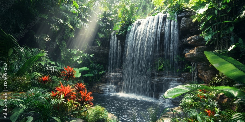 Serene waterfall cascading into a tranquil pool surrounded by lush green plants and vibrant flowers. A beautiful tropical scene perfect for relaxation and nature lovers. AI Serene waterfall cascading into a tranquil pool surrounded by lush green plants and vibrant flowers. A beautiful tropical scene perfect for relaxation and nature lovers. AI
