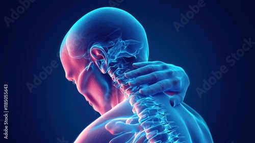 3D rendering of a human neck and spine with a hand gently touching it, showcasing anatomy and potential pain. photo