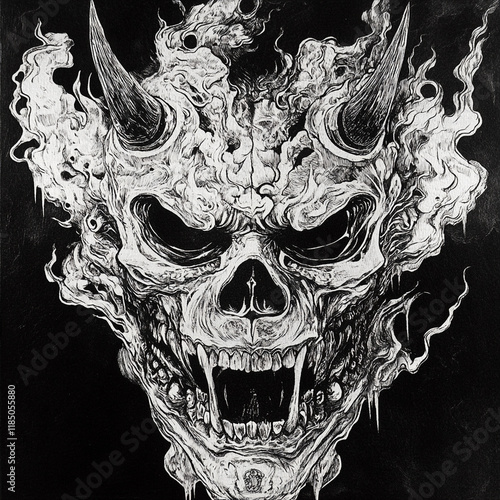 Oni Mask black and white illustration photo