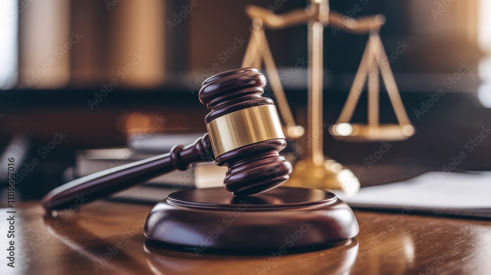 A wooden gavel rests on a desk, symbolizing justice, with a set of scales in the blurred background, conveying a serious legal ambiance. A wooden gavel rests on a desk, symbolizing justice, with a set of scales in the blurred background, conveying a serious legal ambiance.