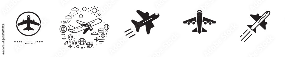 Naklejka premium Vector collection of airplane silhouette icons in operation