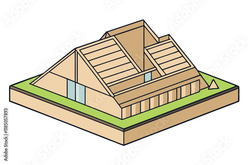 Flat style cardboard architectural model with green accents and transparent glass design