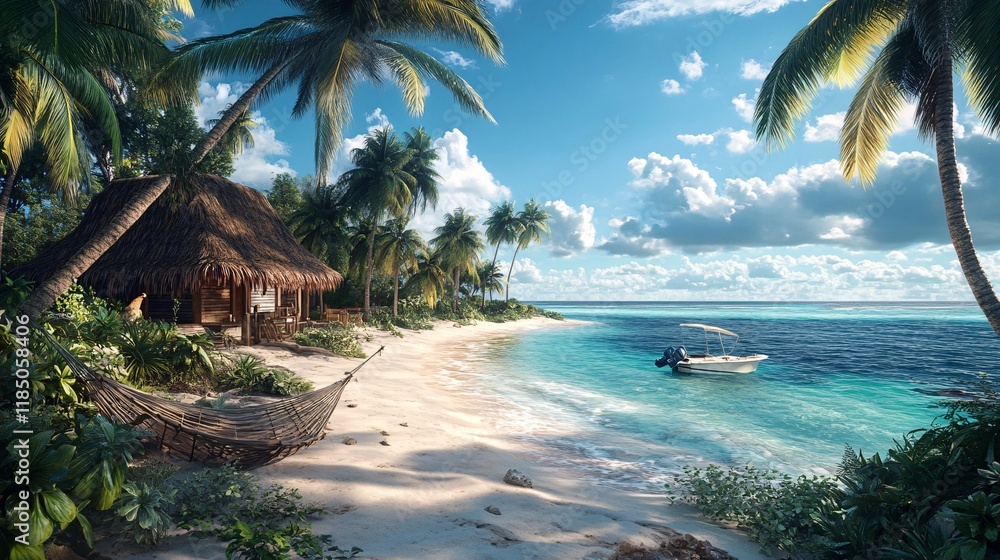 Obraz premium A serene tropical beach scene featuring a thatched hut, palm trees, and a boat anchored in calm turquoise waters.