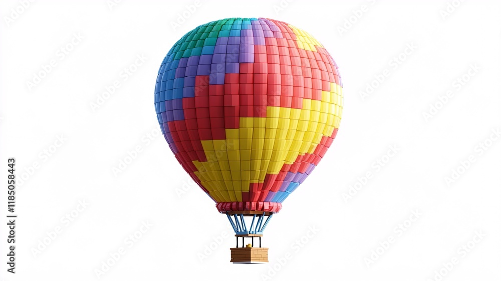 Naklejka premium Colorful hot air balloon in vibrant reds, yellows, and blues, soaring through the sky.
