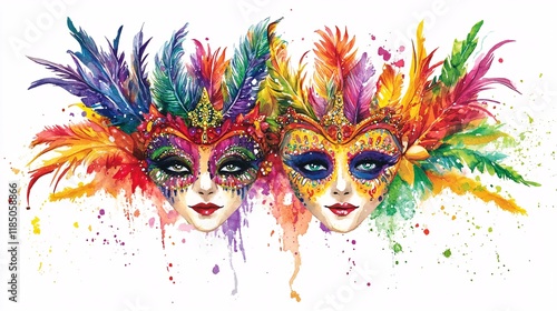 Wallpaper Mural Two vibrant, colorful masquerade masks adorned with feathers and jewels, embodying celebration and mystery. Torontodigital.ca