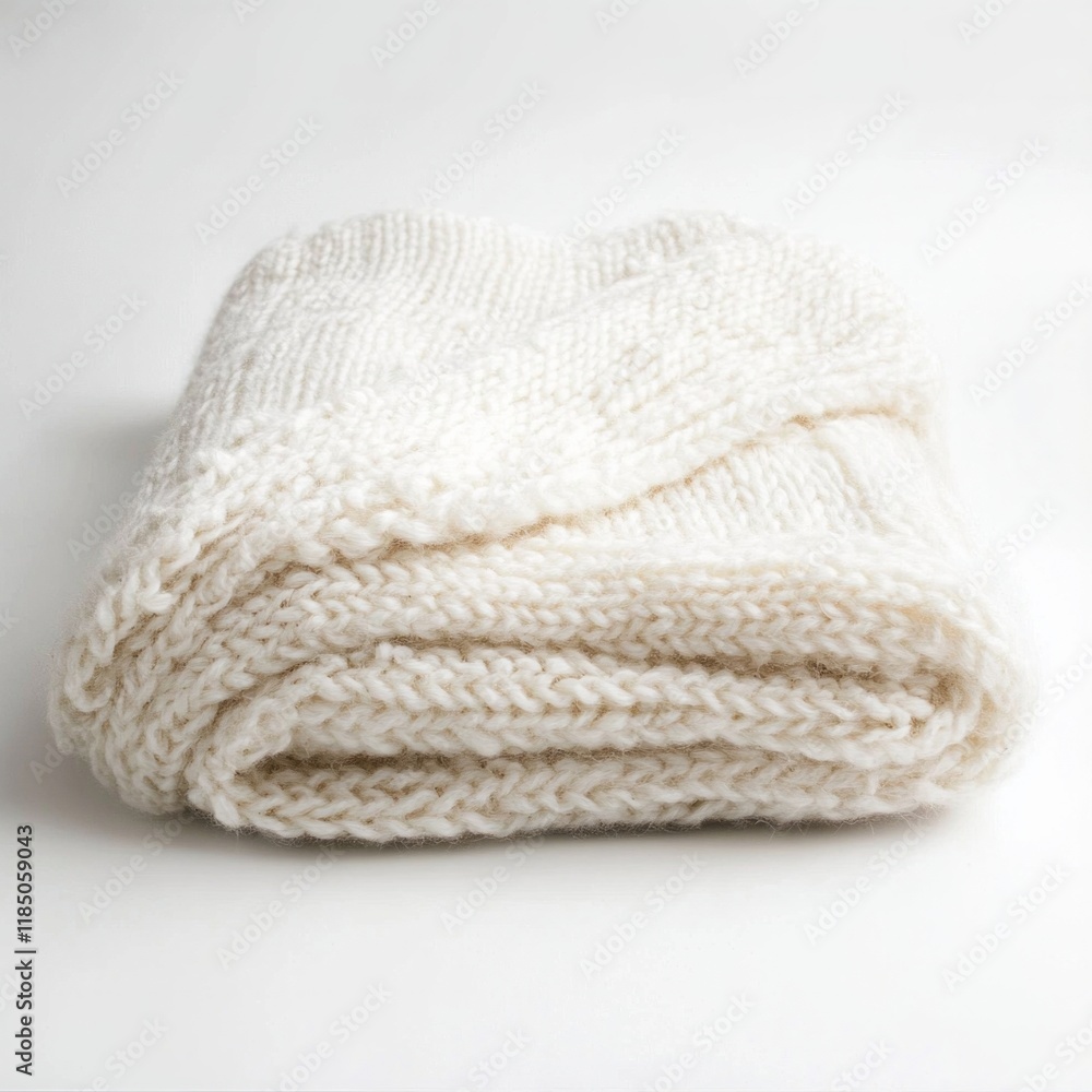 Soft white knitted blanket in cozy folded arrangement Soft white knitted blanket in cozy folded arrangement