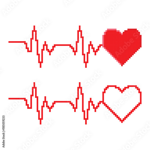 Red heartbeat line pixel art design vector