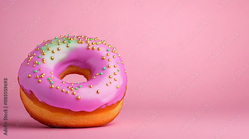 Pink frosted donut with colorful sprinkles on a pastel pink background. Minimalistic food photography with vibrant colors. Dessert and bakery concept for design and print. Pink frosted donut with colorful sprinkles on a pastel pink background. Minimalistic food photography with vibrant colors. Dessert and bakery concept for design and print.