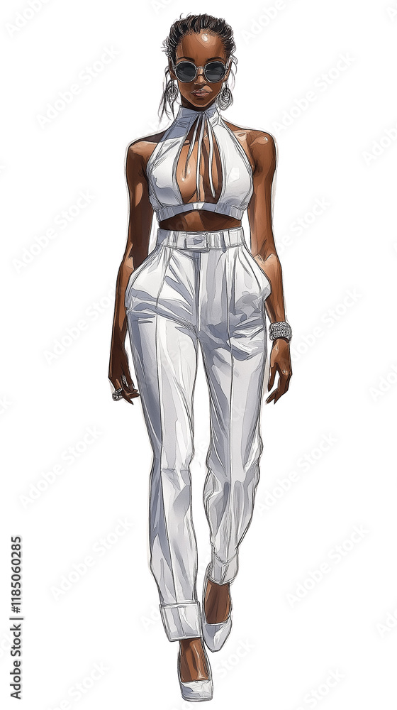 Summer Chic: Fashion Illustration of a Black Model in a White Summer Outfit Summer Chic: Fashion Illustration of a Black Model in a White Summer Outfit