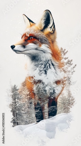 Wallpaper Mural double exposure of red fox standing on white snow and winter snowy pine forest Torontodigital.ca