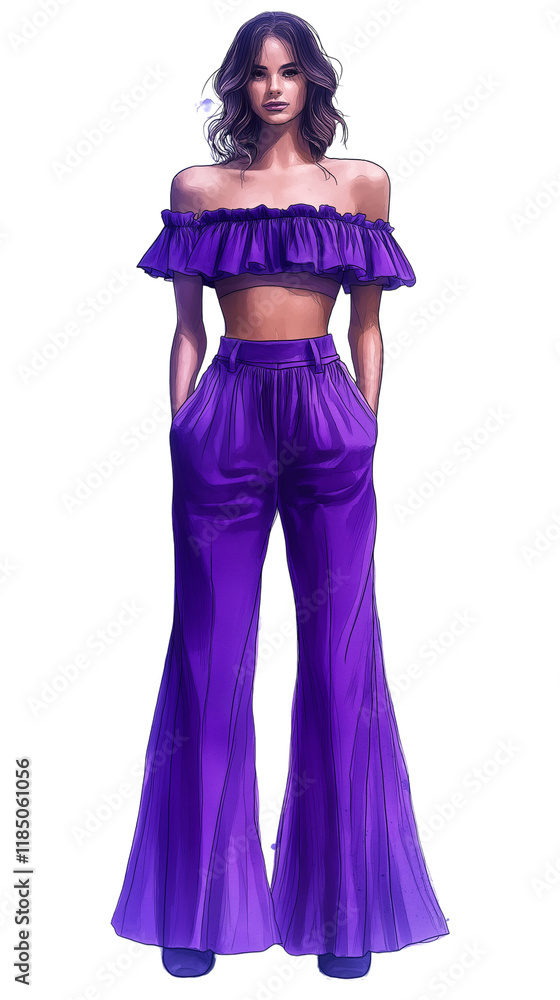 Purple Reign: Fashion Illustration of a Woman in a Chic Off-Shoulder Crop Top and Bell-Bottom Pants Purple Reign: Fashion Illustration of a Woman in a Chic Off-Shoulder Crop Top and Bell-Bottom Pants