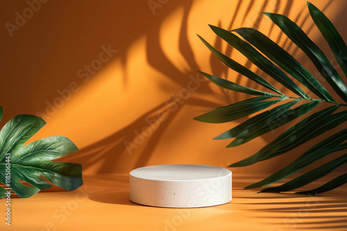 White stone product display podium with shadows leaves on orange background photo