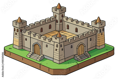 Miniature castle model crafted with laser cut precision, featuring medieval style turrets, gates, and walls on a grassy base