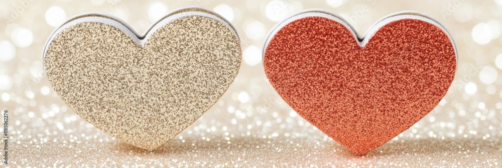 Obraz premium For Valentine's day, a banner with two pink glitter hearts set against a bokeh lights background