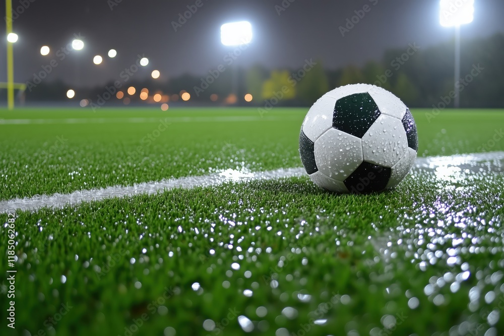 Obraz premium Rain-soaked soccer ball on field under bright stadium lights during a nighttime match