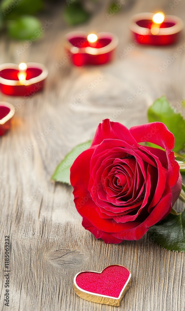 Valentine's day flowers including a red rose, set against a wooden background, represent romantic love Valentine's day flowers including a red rose, set against a wooden background, represent romantic love