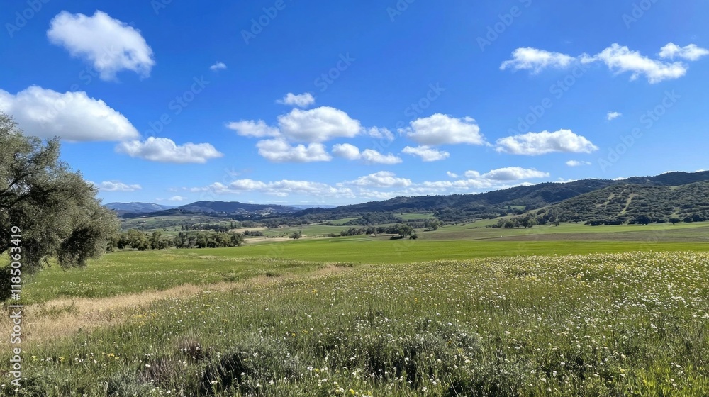 Beneath a bright blue sky adorned with billowy clouds, lush sage green fields stretch endlessly, inviting thoughts of calm and tranquility amid rolling hills. A peaceful natural escape Beneath a bright blue sky adorned with billowy clouds, lush sage green fields stretch endlessly, inviting thoughts of calm and tranquility amid rolling hills. A peaceful natural escape