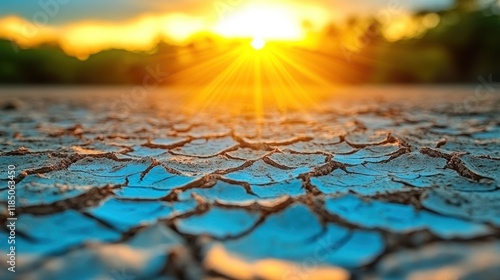 Dried cracked earth at sunset. Sunlight flares through the cracked ground. photo