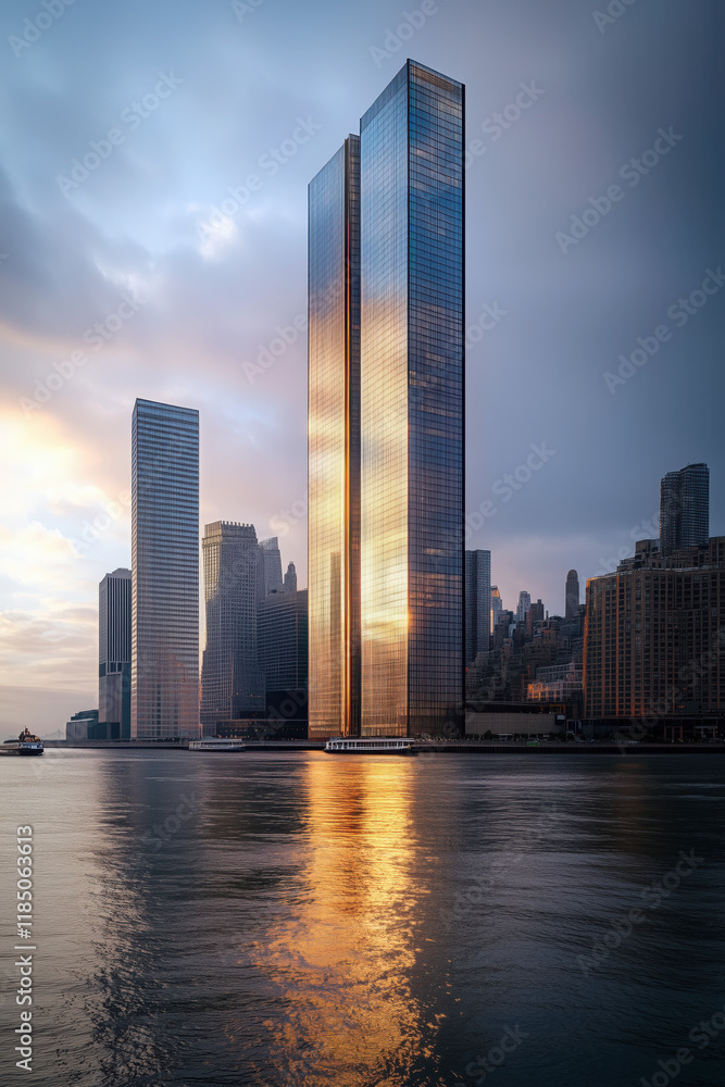 New York City Dawn Skyline with Soft Golden Sunlight Reflecting on Glass Skyscrapers, Serene East River, and a Small Ferry Crossing, Cinematic and Realistic Photograph with Moody Atmosphere New York City Dawn Skyline with Soft Golden Sunlight Reflecting on Glass Skyscrapers, Serene East River, and a Small Ferry Crossing, Cinematic and Realistic Photograph with Moody Atmosphere
