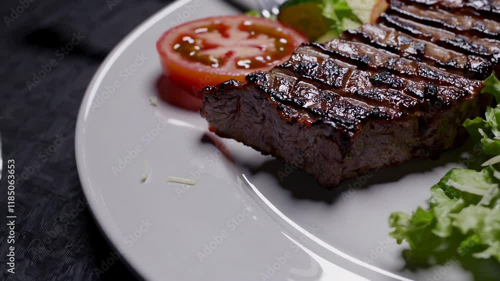 Grilled steak served with a slice of tomato and fresh lettuce on a white plate. Grilled steak served with a slice of tomato and fresh lettuce on a white plate.