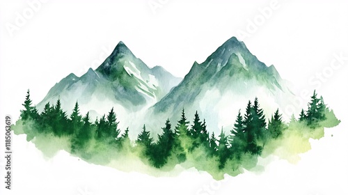A serene watercolor landscape featuring majestic green mountains and lush evergreen trees.