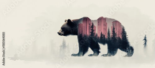 Majestic Bear Double Exposure Illustration Blending with a Pink French Building and Trees in Soft Shades of Black, Blue, and Purple-Grey on White Background, copy space. 
